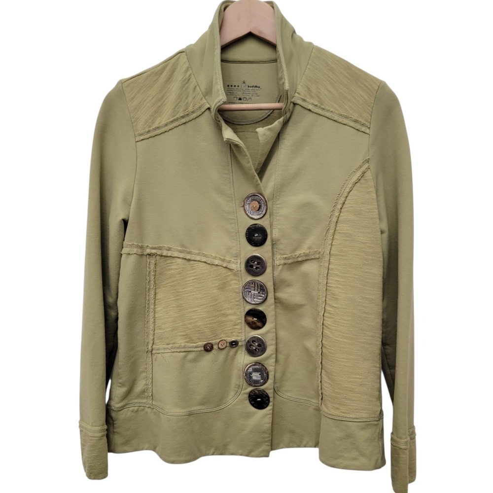 Neon Buddha Jacket Small Art To Wear Button Front Green Cotton Blend Stretch